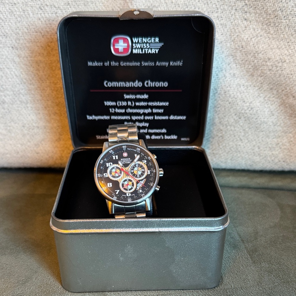 Wenger Commando Chrono Watch - Black Dial with Silver Band